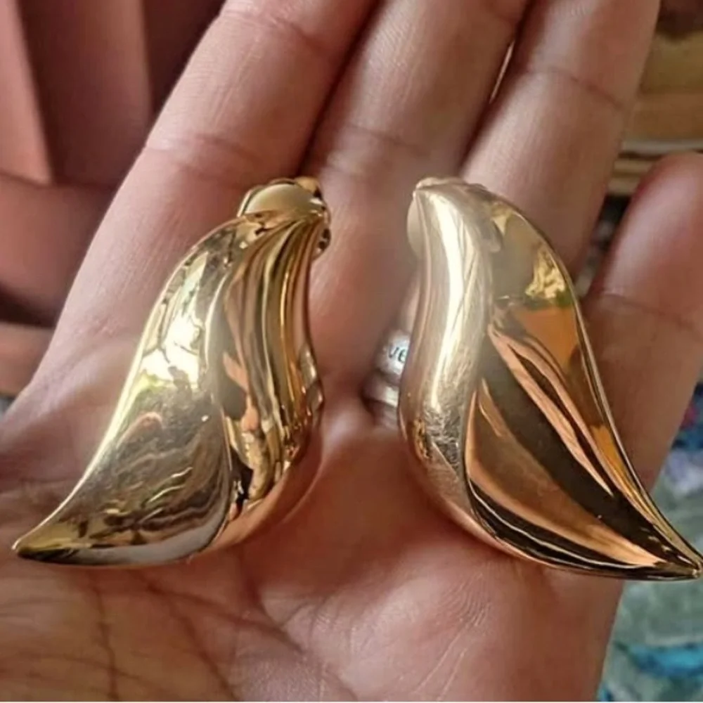 Vintage Christian Dior Gold Wavy Diamond Shaped Earrings- Signed